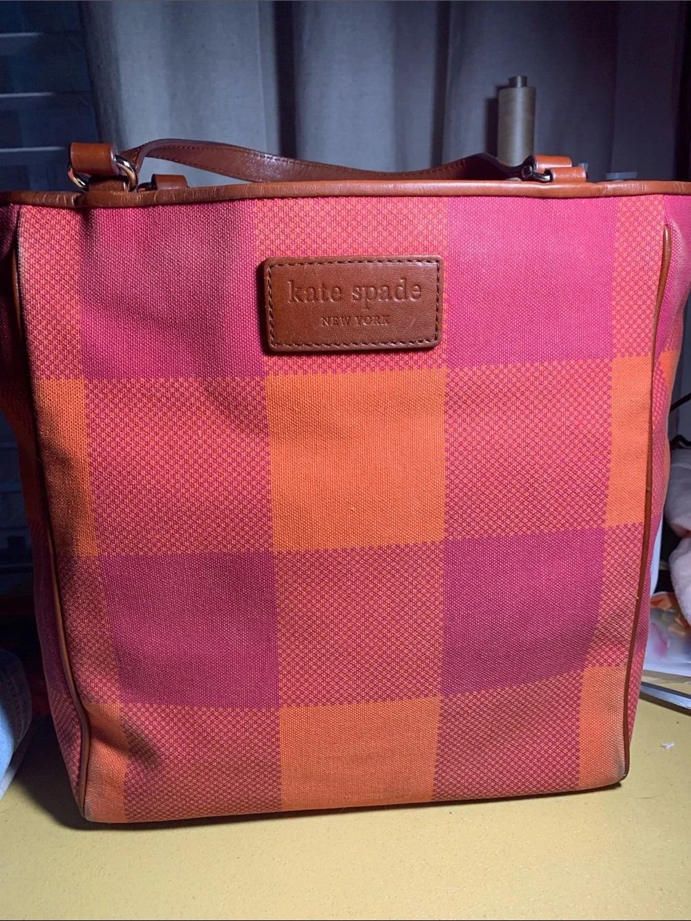 kate spade Pink and Orange Check Canvas Tote with Leather Trim